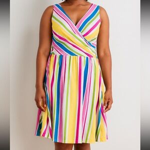 🌈 Lands’ End Colorful Striped Sleeveless V-Neck Dress (Size M 10–12)